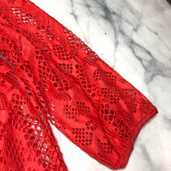 Boston Proper Coral Orange Floral Lace Mesh Blouse - Picture 6 of 8